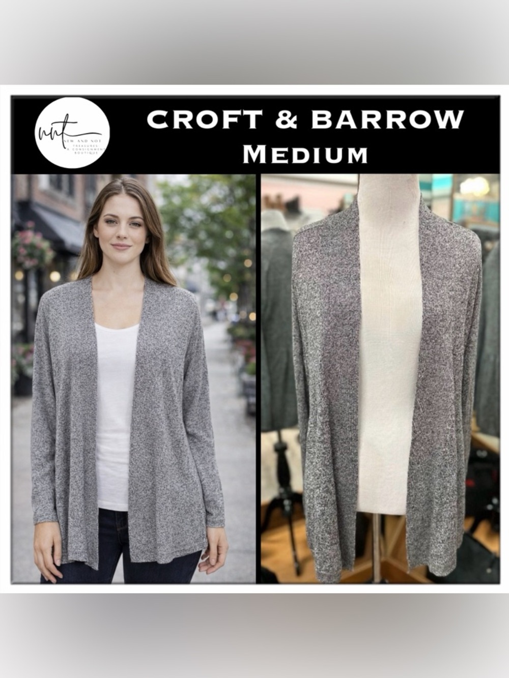 Croft & Barrow Gray Ribbed Open Front Cozy Cardigan Sweater Lightweight Medium